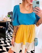 Vestido tricolor curto decote quadrado - Imagem 2