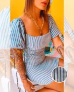 Vestido listrado manga balone - Imagem 2