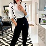 Blusa tricot babado branco e preto