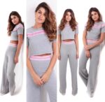 Conjunto mescla calça pantalona e cropped faixa rosa