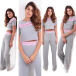 Conjunto mescla calça pantalona e cropped faixa rosa
