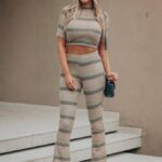 Conjunto calça flare e blusa brilho prata e dourado